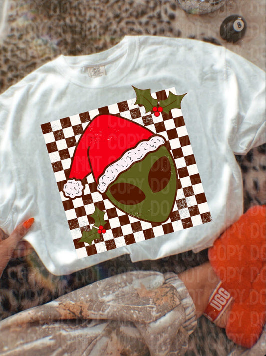Alien Checkered Christmas Graphic Tee